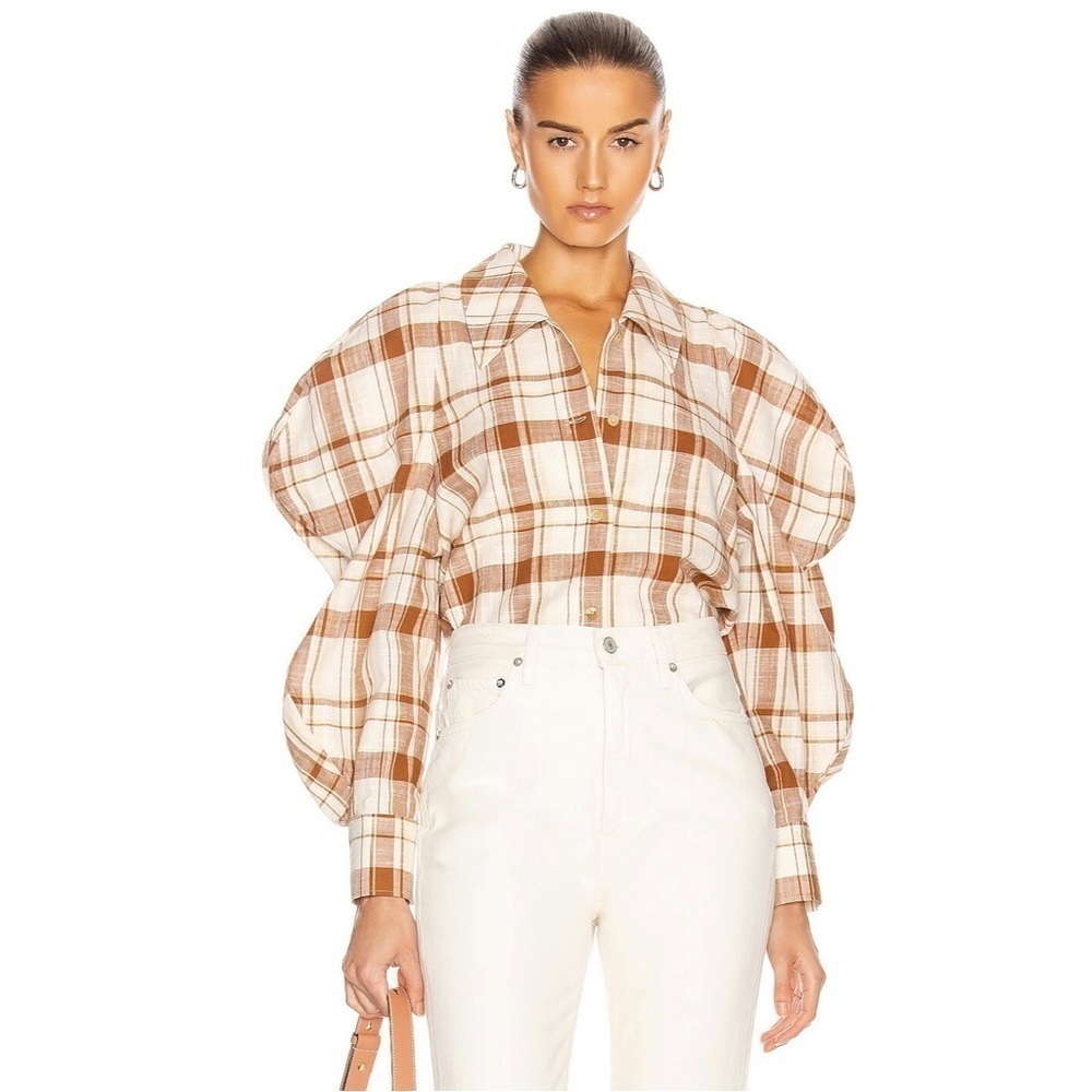 Rejina Pyo Brown and Cream Plaid Puff-Sleeve Button Down Shirt